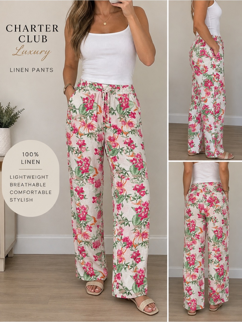 Charter Club Linen Floral Sleep Shorts — White with Pink & Green